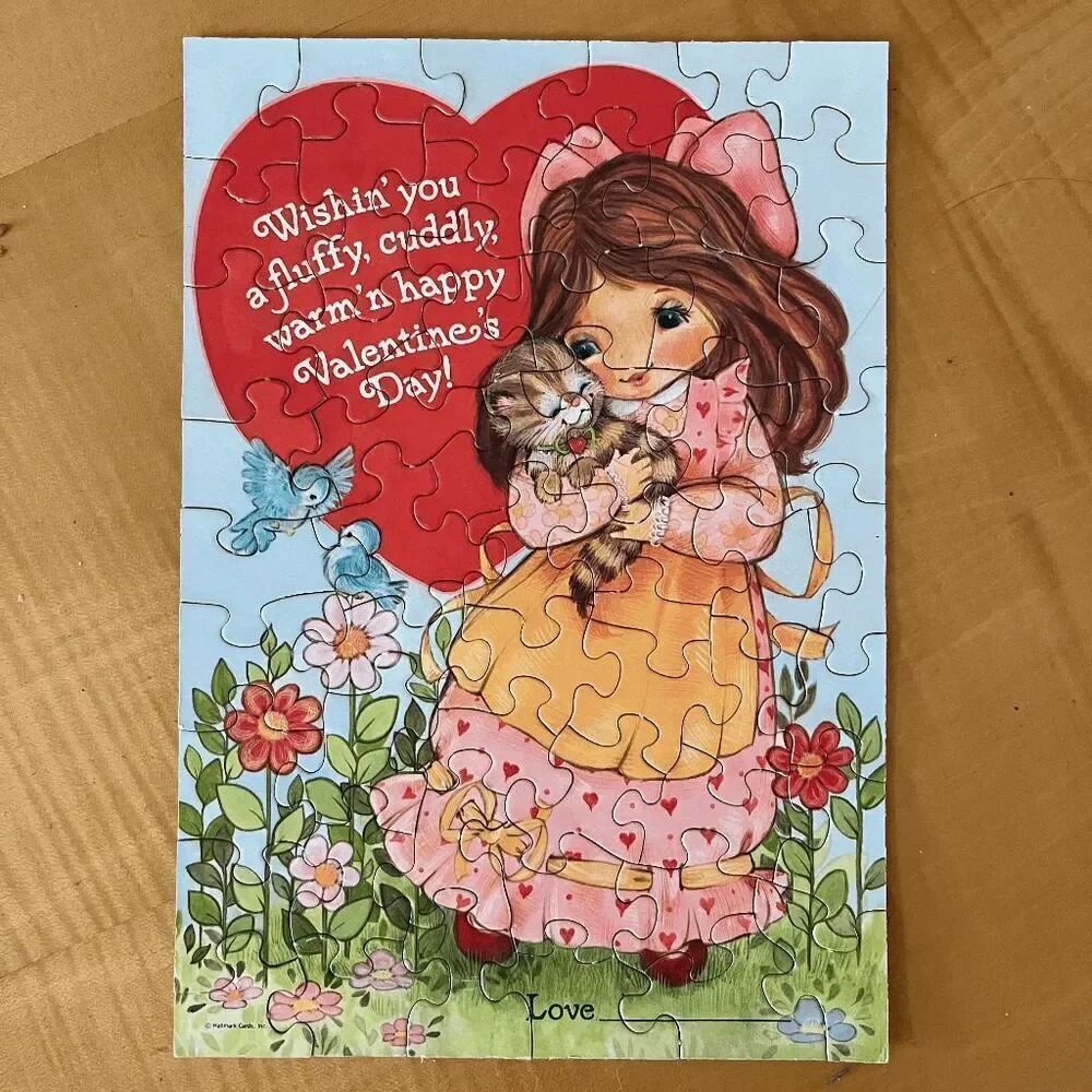 VTG Hallmark Valentine’s Day Puzzle Girl Cat 1970s 7.25x10.25 Complete